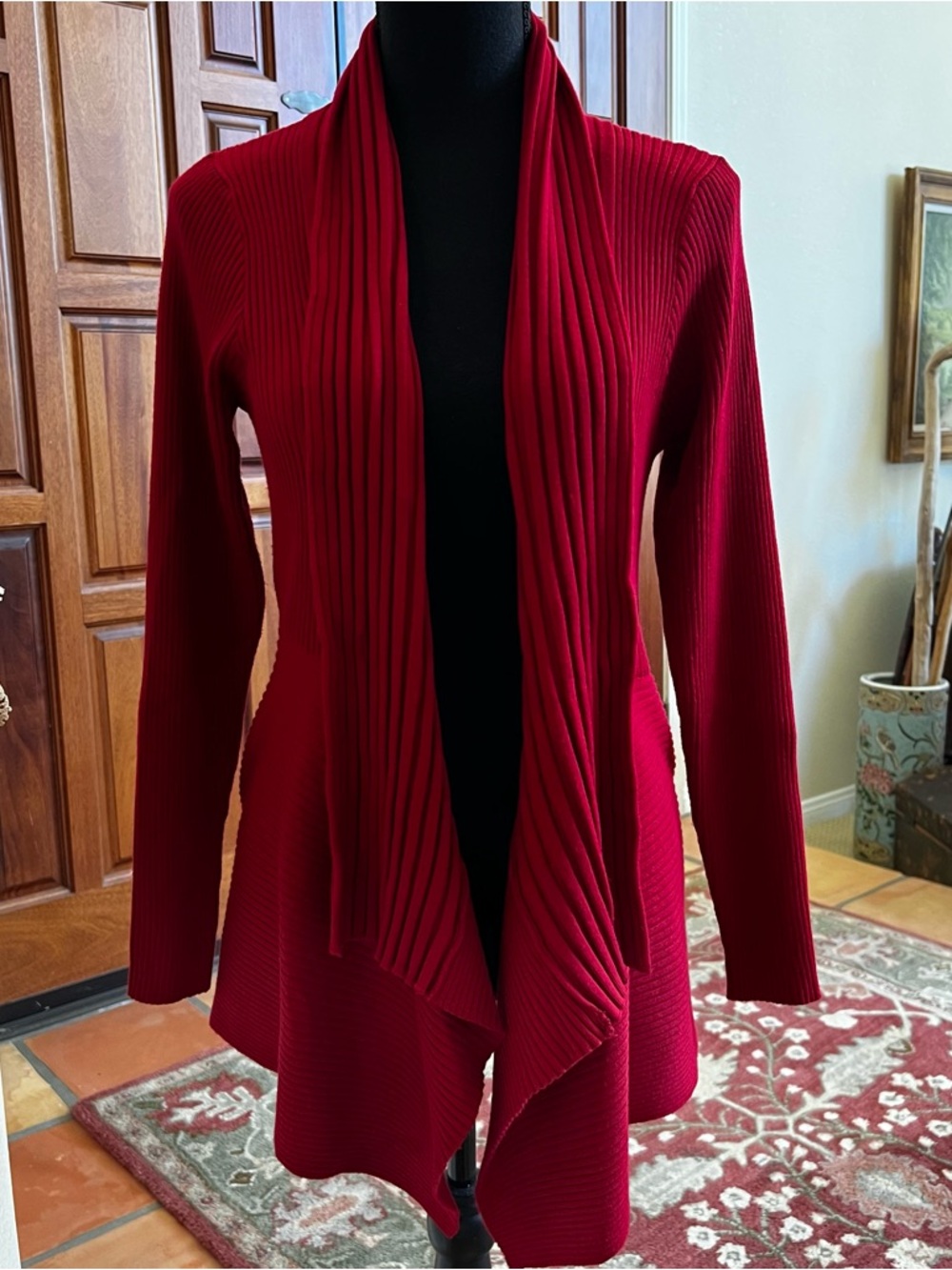 VIP Red Ribbed Open-Front Cardigan Sweater